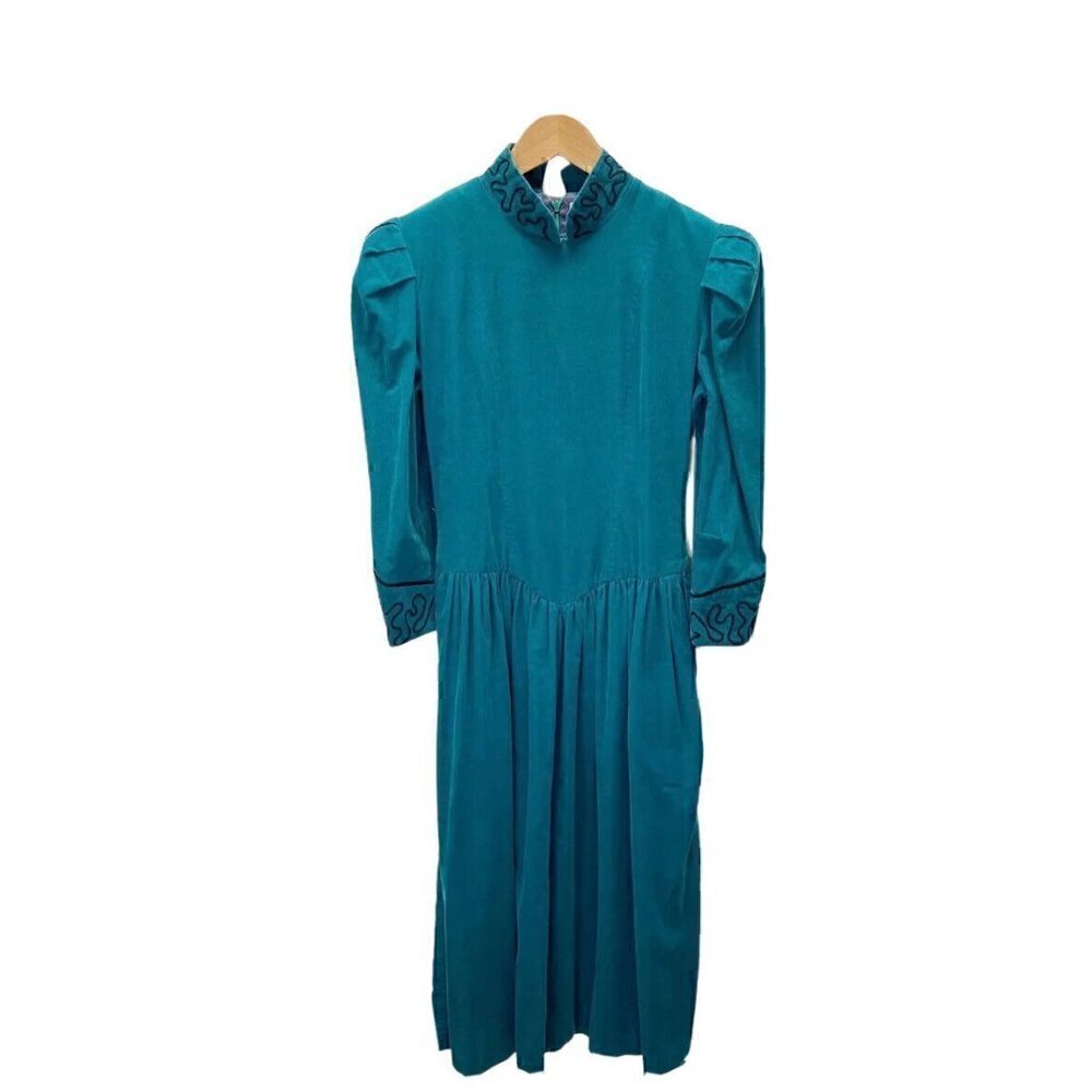 Jane Schaffhausen Belle France Vintage Teal Corduroy Dress 1980s Women's Sz 4
